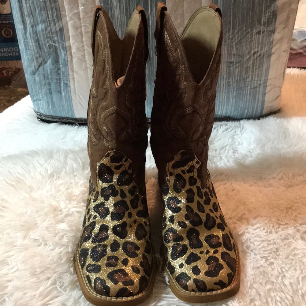 Roper Kids Boots in Brown and Gold Leopard Print